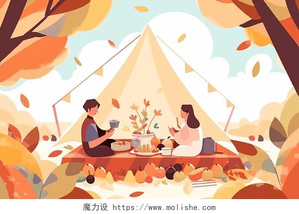 插画秋天两个人在树林里野餐卡通AI插画